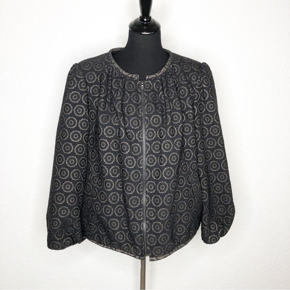 Trina Turk black metallic geometric floral full zip balloon sleeve blazer XL NWT